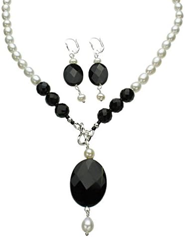 Faceted Black Onyx Stone, Freshwater Cultured Pearl Lariat Necklace Earrings