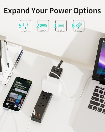 HOPOW Flat Plug Power Strip, 6 Ft Ultra Thin Extension Cord, Surge Protector with 5 Outlets & 3 USB Ports (2 USB C), 1700 Joules, Wall Mount, Desktop Charging Station for Home Office Dorm, Black