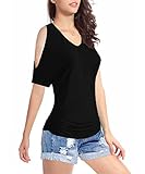 TTI Womens V-neck 1/2 Sleeves Waist folds Cotton Top Tee (Large, Black)