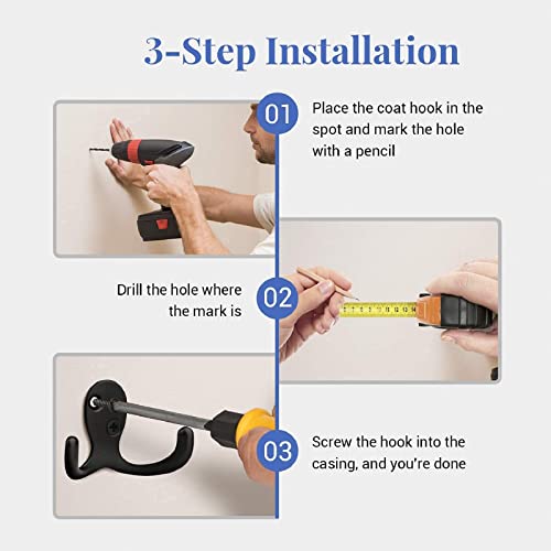 10PCS Coat Hooks Wall Mounted, Double Prong Robe Hook Hanging Towel Hooks with 20 Screws for Bags, Hat, Cap, Scarf, Cup and Key, Black