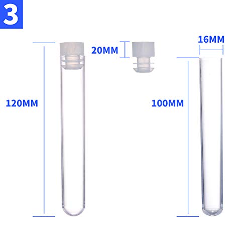 Young4us Test Tube Set, 50 Pcs Plastic PP Test Tubes in 16x150mm, 16x125mm and 16x100mm 3 Sizes with White Caps and Tube Rack (Pack of 50)