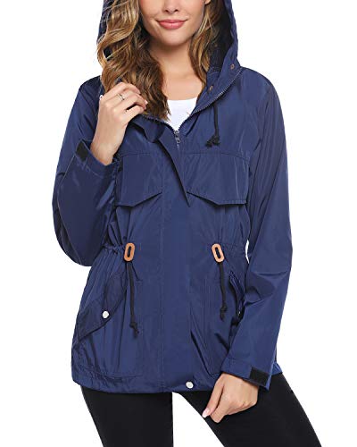 Hawiton Women's Lightweight Hooded Raincoat Waterproof Active Outdoor Windbreaker Rain Jacket Navy Blue