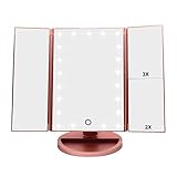 WEILY Tri-Fold Lighted Vanity Makeup Mirror with 21 LED Lights, Touch Screen and 3X/2X/1X Magnification Mirror, 2 Power Supply Modes Tabletop Cosmetic Mirror, Magnifying Travel Mirror (Rose Gold)