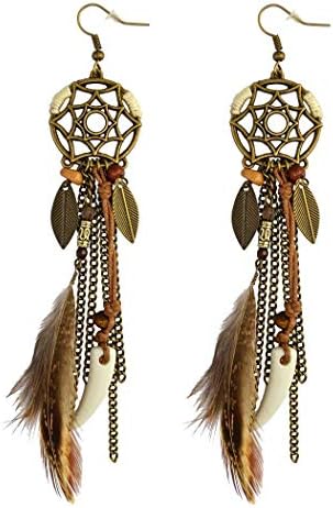 Fashion Women Earring Punk Vintage Long Tassel Feather Beads Drop Wolf Tooth Pendant Earring Fish Hook Earrings