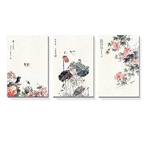 3 Panel Chinese Ink Painting of Flowers and...