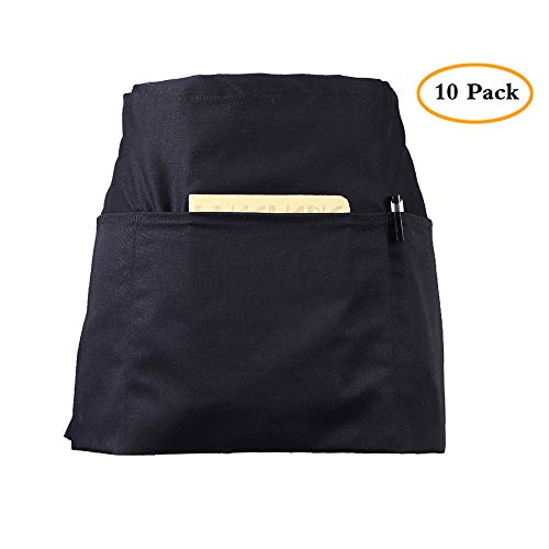 CLOCOR 10 Pack Server Aprons with 3 Pockets Black Waist Aprons, 65 Poly / 35 Cotton, Half