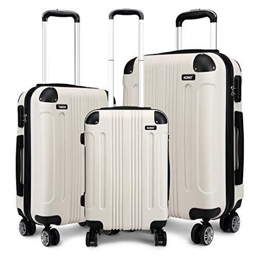 Kono 3pcs Luggage Sets Travel Trolley Case Hard Shell ABS Light Weight Suitcase with 4 Spinner Wheel Fashion Luggage for Business Holiday (White Set)