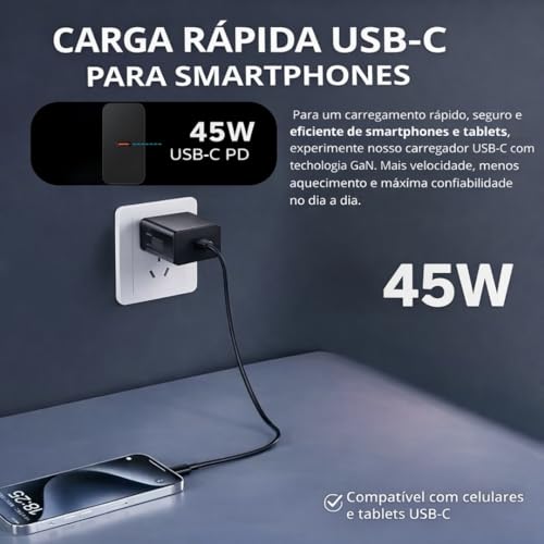 Carregador Turbo 45W + Cabo USB-C de 1m - Carregamento Rápido e Eficiente para iOS, Android, Tablets - Tecnologia GaN, Segurança Garantida