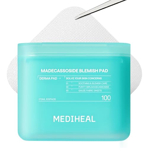MEDIHEAL Madecassoside Blemish Toner Pads for Face – Korean Skin Care, 98% Pure Madecassoside with Centella Asiatica Complex, Blemish Marks, Redness & Dark Spot Care, Gauze Fabric, 100 Pads