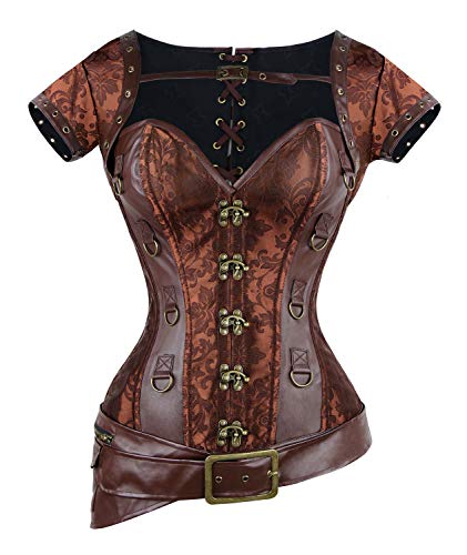 Charmian Women's Spiral Steel Boned Goth Retro Overbust Steampunk Bustier Corset Brown XXXXX-Large