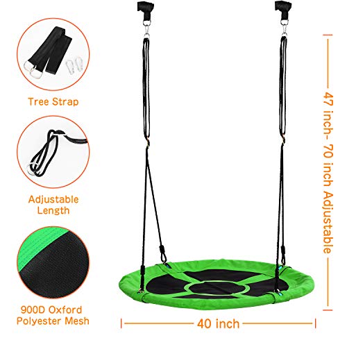 40" Saucer Tree Swing Set For Kids Adjustable Hanging Ropes With Straps For Outdoor Indoor Backyard Playground Flying Saucer Waterproof Saucer Accessories Included, 2 Years Warranty(Green)