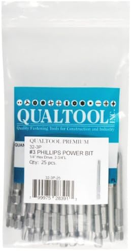 Qualtool Premium 32-3P-25 1/4-Inch Hex Drive Size 3 Phillips Power Bit, 25-Pack