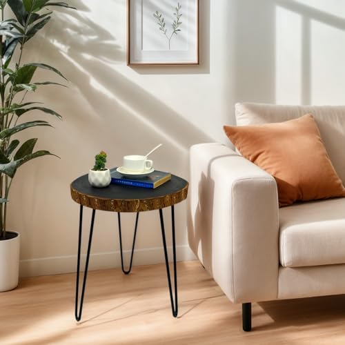 Live Edge Side Table, Black Round Natural Edge End Table with Hairpin