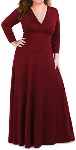 Moonlisa Plus Size Maxi Dress For Women With 3/4 Sleeves Deep V Neck Solid Color Wedding Evening Party Dress (X-Large, Wine Red)