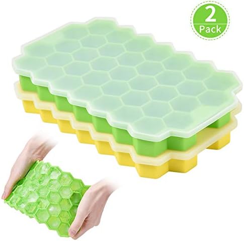 Ice Cube Trays with Non-Spill Lid (2 Packs) Silicone Shapes Ice Cube Molds, BPA Free Ice Tray Used for Freezer Baby Foods Whiskey Cocktail Chilled Drinks, Stackable Flexible Green&Yellow