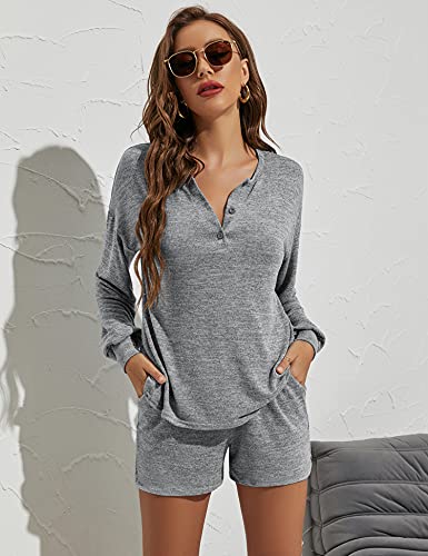 ZHENWEI Women Long Sleeve Sweatsuit Sets Knit Tracksuit 2 Piece Casual Outfit Sets Henley Neck Pajamas Set Lounge Sets with Pockets Light Gray S