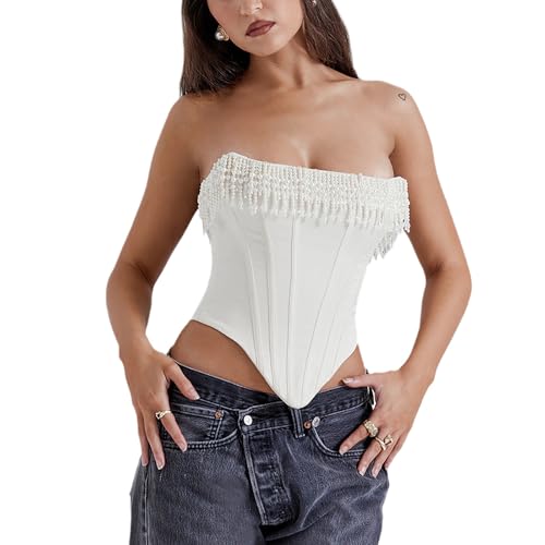 YADMISU Women's Sexy Pearls Corset Top Strapless Zip Back Boned Y2k Bodyshaper Bustier Top