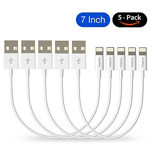 Short iphpne Charger,Feel2Nice 5 Pack 7-Inch iPhone Cord Data Sync USB Portable Fast Charger for iPhone X XS Max XR / 8/8 Plus / 7/7 Plus / 6/6 Plus / 5S / iPad/iPod, White