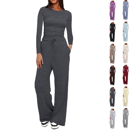 2 Piece Outfits Women Tracksuit Womens Full Set Soft Stretchy 2 Piece Co Ord Sets with Long Sleeve Crewneck Tops and Drawstring Wide Leg Pants Travel Outfits for Women UK