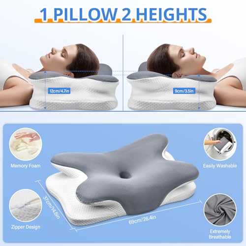 Ehomfory Memory Foam Pillow Neck Pillow, Ultra Pain Relief Side Sleeper Pillow for Neck Support, Ergonomic Cervical Pillow Cozy Sleeping, Bed Pillow for Side Back Stomach Sleeper (Grey)