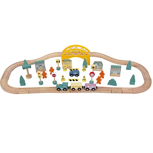 60Pcs Train Set for 3 Year Old Boys, DoubleSide Wooden Train Set