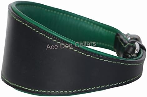 Ace Traditional Leather Dog Collar lined with super SOFT Leather: (14" Collar -Will Fit 10" to 12", Black with Green lining).