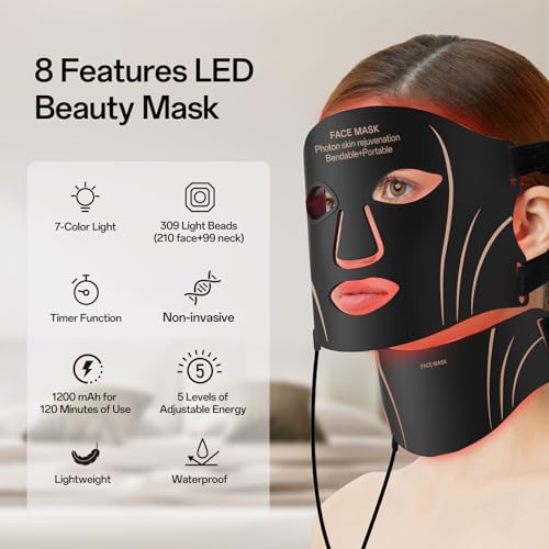 Facego Red Light Mask for Face and Neck - Facial Skin Care Device, Portable, Lightweight, Rechargeable and Ergonomic Design for Home (Black)