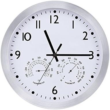 Eridge 12 Inch White Large Silent Non-ticking wall clocks Decorative Living Room Clock kitchen Clocks with Thermometer and Hygrometer