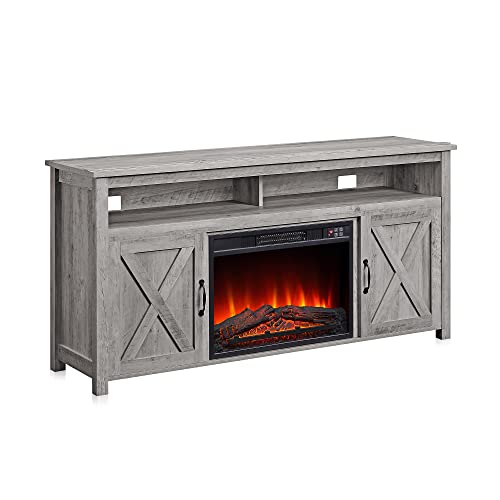 BELLEZE Barn Door Wood Electric Fireplace TV Stand for TVs up to 65 Inches Open Shelves and