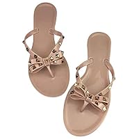 Mtzyoa Women Stud Bow Flip-Flops Sandals Beach Flat Rivets Rain Jelly Shoes (9 B(M) US, c-Nude 2)