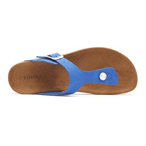 Women's T-Strap Thong Sandals Buckle Slip On Flip-Flops Beach Casual Platform Footbed Slippers (8, Blue)