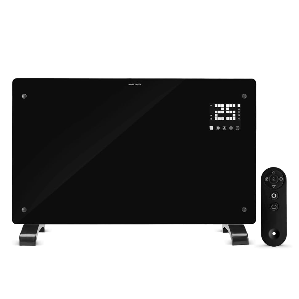 Devola Wifi Enabled Smart Electric Glass Panel Heater 2000W | Alexa Heating Control, Open Window Detection, Wall Mounted & Free Standing Low Energy Heaters with Timer | Lot 20, DVPW2000B (Black)