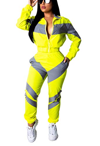 Two Piece Sets for Women - Color Block Zip Up Jacket Tops + Long Pants Activewear Set with Pockets Yellow L