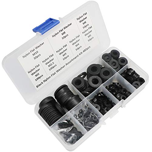 480 Pcs Nylon Flat Washer Assortment Kit for M2 M2.5 M3 M4 M5 M6 M8 M10 Screw Bolt-Black