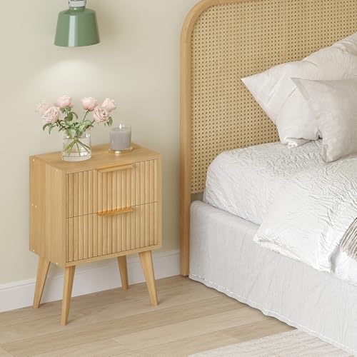 YAUKOMEL Nightstand with 2 Drawers,Fluted Bedside Table,Natural Wood Night Stand,Light Wood Side Table with Solid Wood Legs,End Table for Living Room,Bedroom,Small Space Natural CAACTG55Y