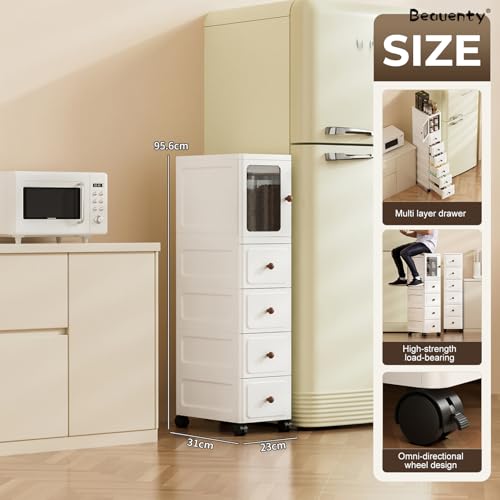 Beauenty Slim Bathroom Cabinet, 4-Tiers Narrow Storage Cabinet with Doors, Plastic Standing Bathroom Organizer, Floor Cabinets with Wheels for Kitchen, Bedside, Living Room (1Door 4Drawer)