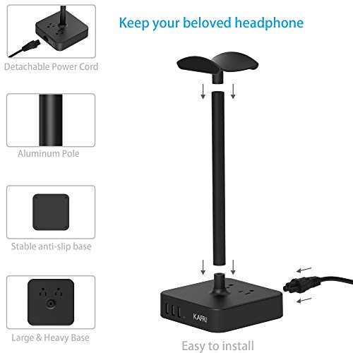 KAFRI Headphone Stand with USB Charger Desk Gaming Headset Holder Hanger Rack with 3 USB Charging Port and 2 AC Outlet - Suitable for Gamer Desktop Table Wireless Earphone Accessories