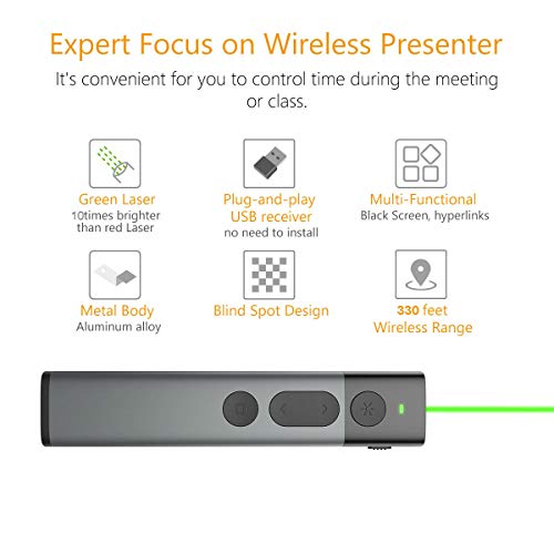 Wireless Presenter with Green Laser Pointer, Presentation Remote, Powerpoint Clicker 2.4GHz Rechargeable PPT PowerPoint Clicker, Support Hyperlink (Gray) - Thumbnail 3