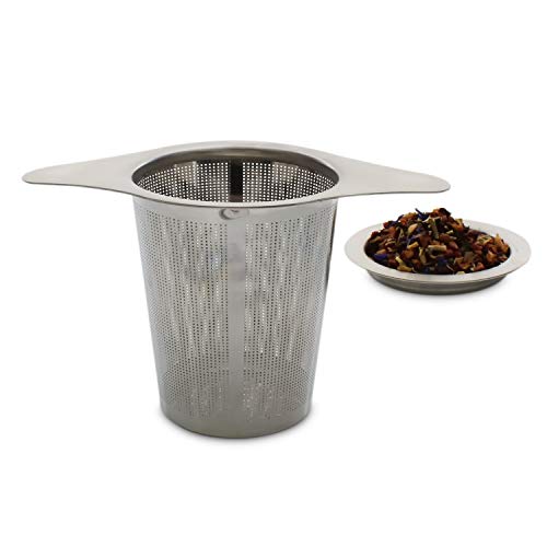 Teabloom Universal Tea Infuser with Coaster Lid - Fits Standard Teapots, Cups, Mugs - Food Grade 8/18 Stainless Steel - Large Capacity with Extra-Fine Mesh