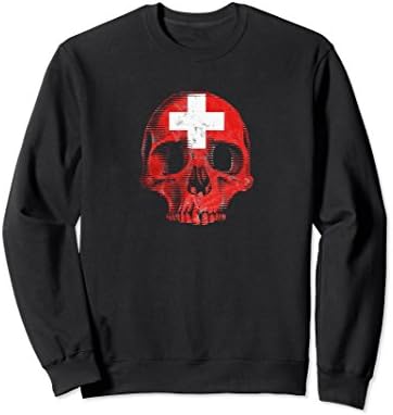 Unisex Switzerland Flag Skull Sweatshirt Distressed Vintage Swiss 2XL Black