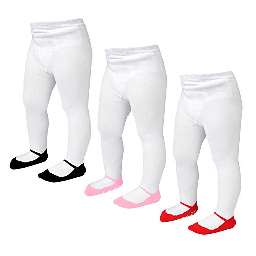 Epeius 3 Pairs Pack Baby Girls Tights Seamless Non Slip/Skid Leggings Cotton Tights Footed Pants for 3-6 Months,Black/Red/Pink