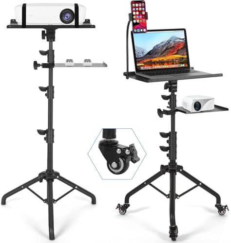 CENXI Laptop Tripod on Wheels with 2 Shelves, Portable Projector Floor Stand Adjustable Height 24 to 59 Inch with Phone Holder