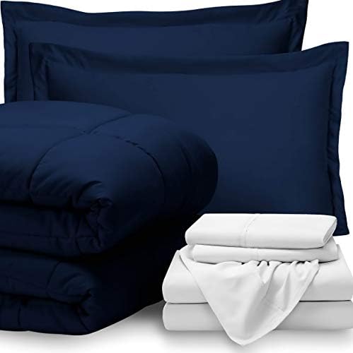 Hemau Bed-in-A-Bag 7 Piece Comforter & Sheet Set - California King Ultra-Soft 1800 Premium - Hypoallergenic - Bare Breathable Bedding (Cal King, Dark Blue/White) | Style 503193389