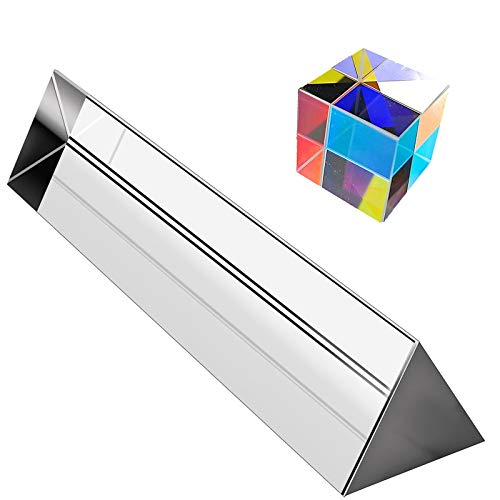 2 Pack Optical Crystal Prism Set, 100mm Triangular Prism, 20mm Crystal Cube for Teaching Light Spectrum, Science Physics and Photo Photography, Rainbow Suncatcher