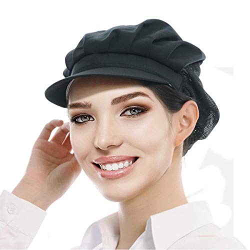 Adjustable Chef Cap Elastic Cooking Hat Food Service Hair Nets Mesh Kitchen Net Reusable Restaurant Bouffant (Large, Brim Black)
