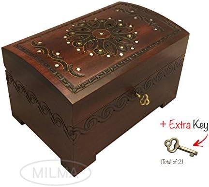 PolishArt Art Deco Large Handmade Linden Wood Jewelry Chest Keepsake Box with Lock and Key
