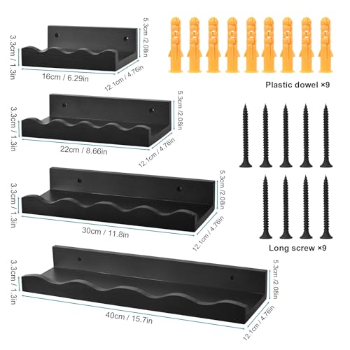 Kldgris Set of 4 Wall Shelves, Floating Shelves, Wood Hanging Shelves, Different Sizes, for Wall Decor, Living Room, Home Office, Bathroom, Kitchen (Black)