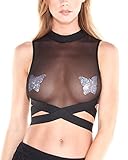 iHeartRaves Cross Faded Sheer Mesh & Sequin Strappy Crop Top Shirts