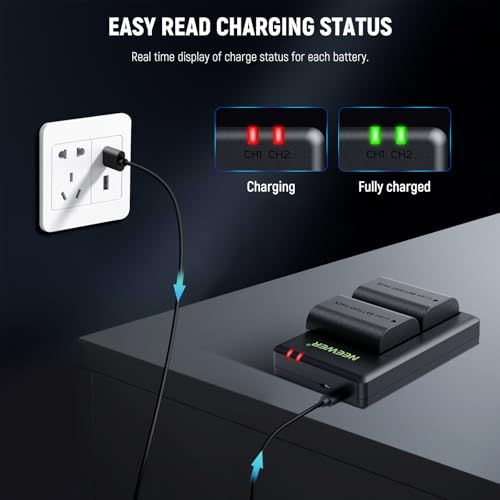 NEEWER 2 Pack 2400mAh LP-E6P LP-E6NH LP-E6N LP-E6 Replacement Battery and USB Double Charger, Compatible with Canon EOS R5 Mark II EOS R5 EOS R6 EOS R7 EOS R 5D II III IV 6D 6D II 7D 7D II 60D 70D 80D