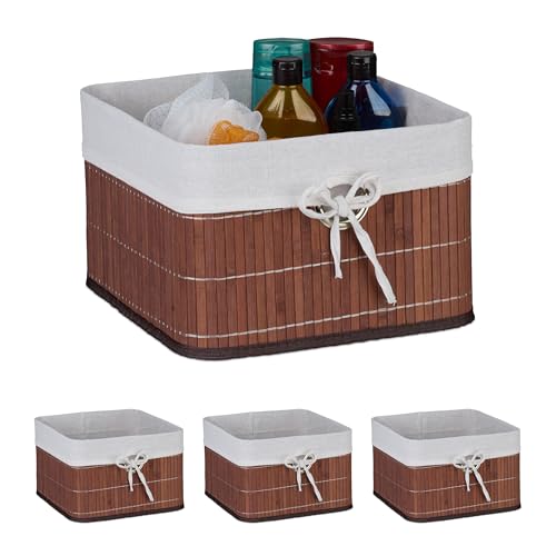 Relaxdays Storage Basket, Set of 4, Bamboo with Fabric Liner, 20x31x31 cm, with Handle, Organiser Box, Bathroom, Brown